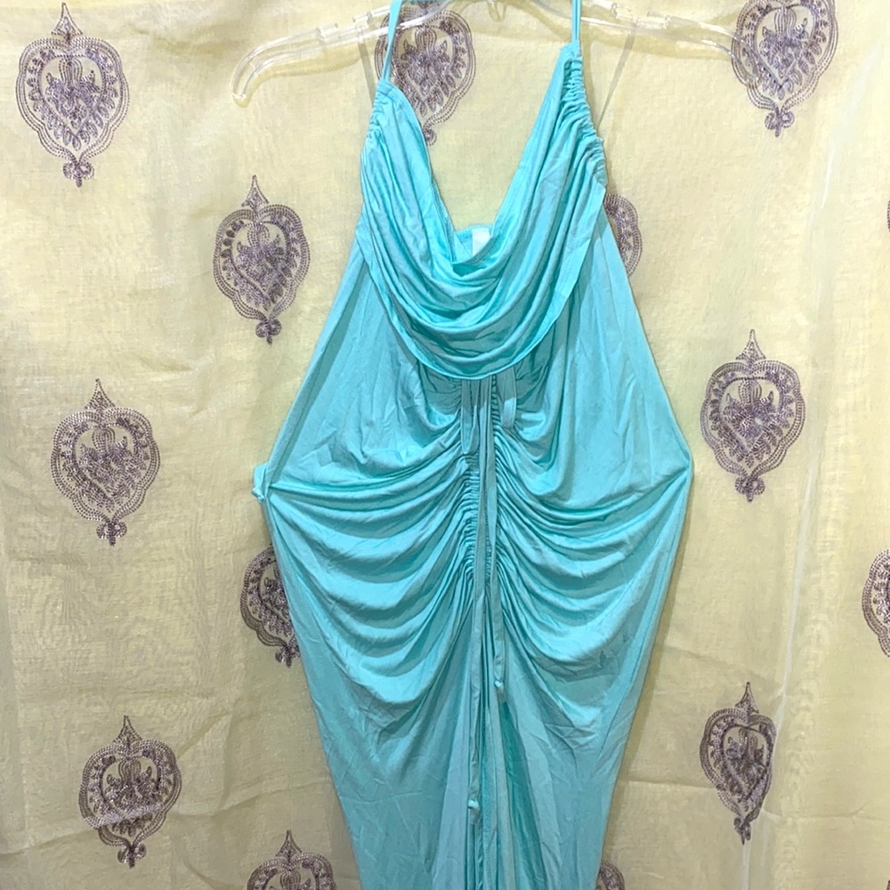 GOODTIMEUSA DRAWSTRING MAXI SKIRT & CROP HALTER TOP RAYON/SPANDEX AQUA SZ S